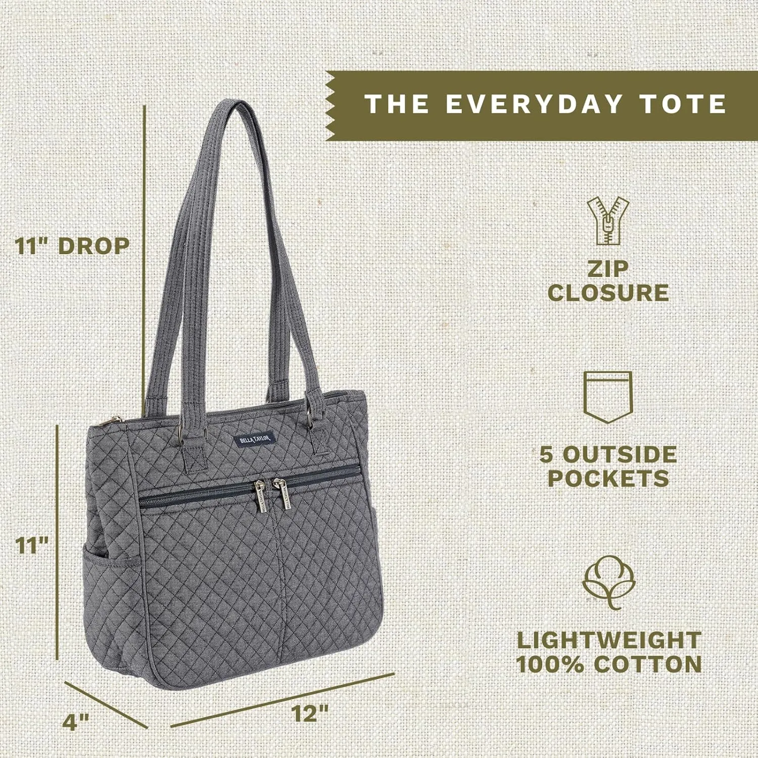 Bella Taylor Everyday Tote | Lightweight Quilted Fabric Handbags for Women