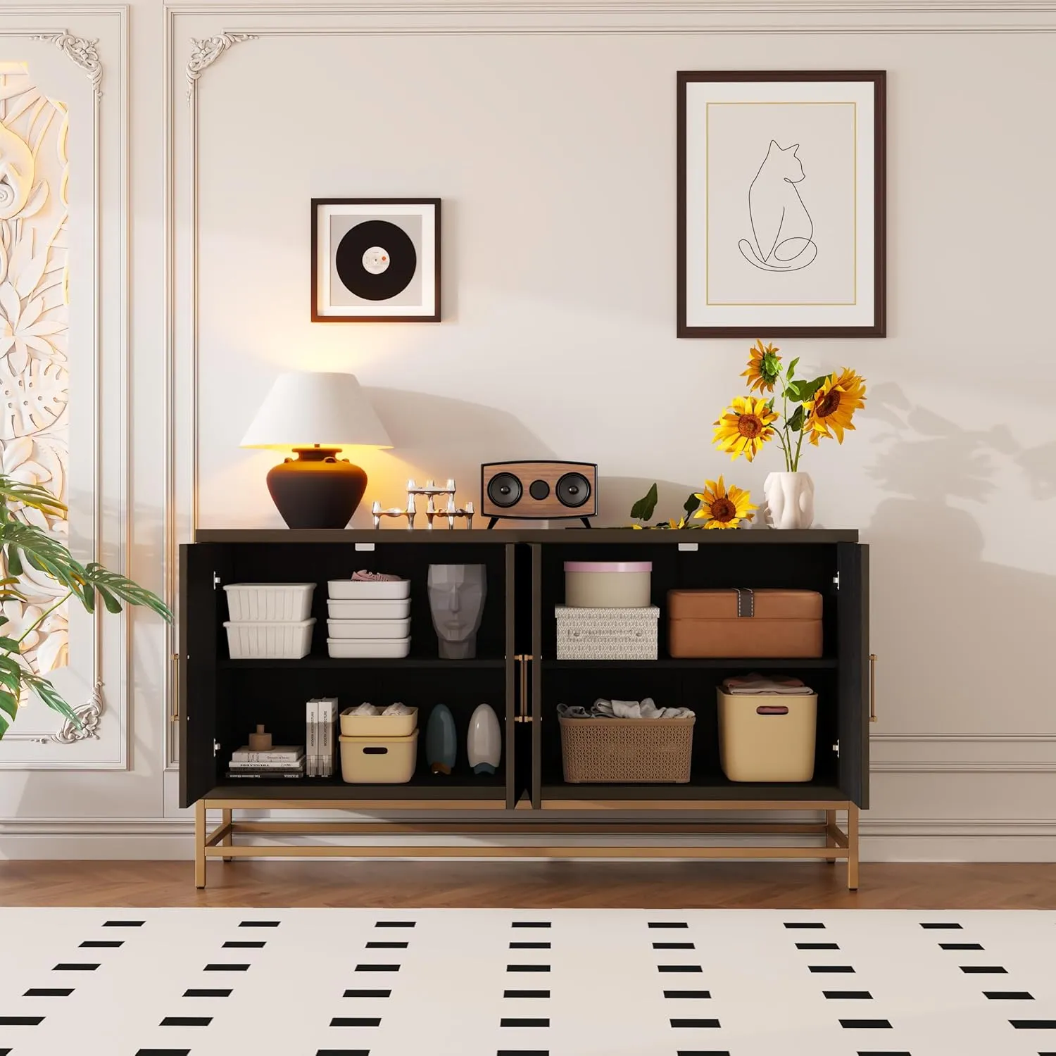 Bellemave Sideboard with Adjustable Shelves, Buffet Storage Cabinet for Kitchen, Console Cabinet with Rectangular Metal Handles and Legs, Retro Style Sideboard for Living Room, Dining Room, Espresso