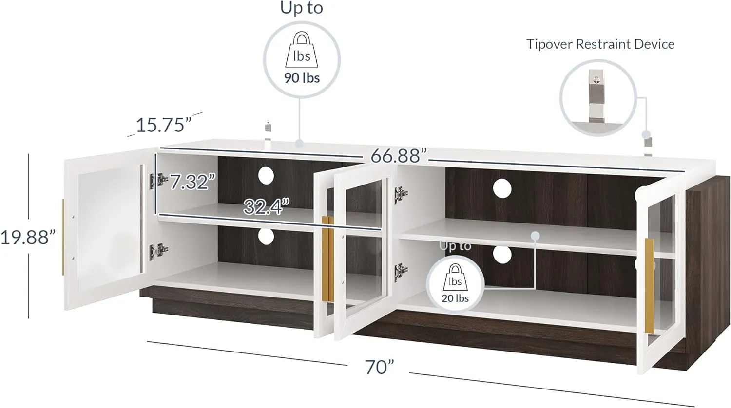 BELLEZE 70" TV Stand for TVs up to 75", Modern TV Cabinet & Entertainment Center with Shelves, Wood Storage Cabinet for Living Room or Bedroom - Brixston (White)