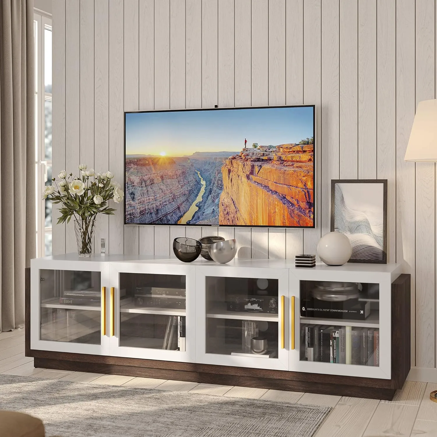 BELLEZE 70" TV Stand for TVs up to 75", Modern TV Cabinet & Entertainment Center with Shelves, Wood Storage Cabinet for Living Room or Bedroom - Brixston (White)