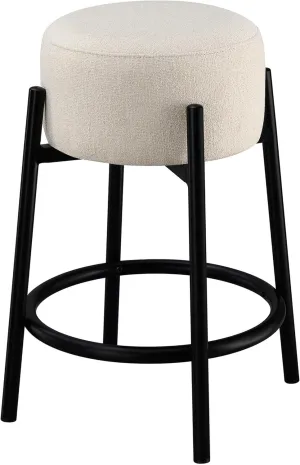 Benjara 25 Inch Set of 2 Round Counter Height Stools, Fabric Pouf Seat, White and Black