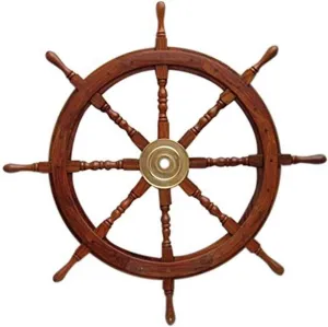 Benzara Wooden Ship Wheel with Brass Hub and 8 Spokes, 36"