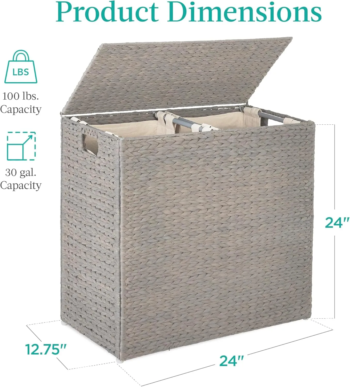 Best Choice Products Large Double Laundry Hamper with Lid, Natural Handwoven Water Hyacinth, 2 Sections w/ 2 Machine Washable Linen Liner Bags, Portable, Handles - Gray