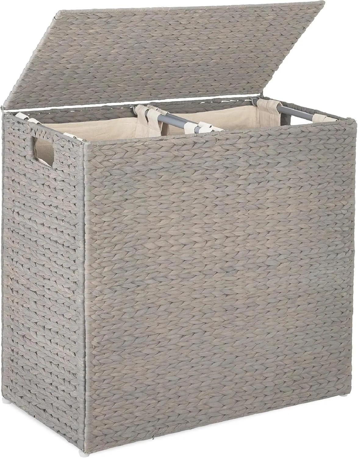 Best Choice Products Large Double Laundry Hamper with Lid, Natural Handwoven Water Hyacinth, 2 Sections w/ 2 Machine Washable Linen Liner Bags, Portable, Handles - Gray