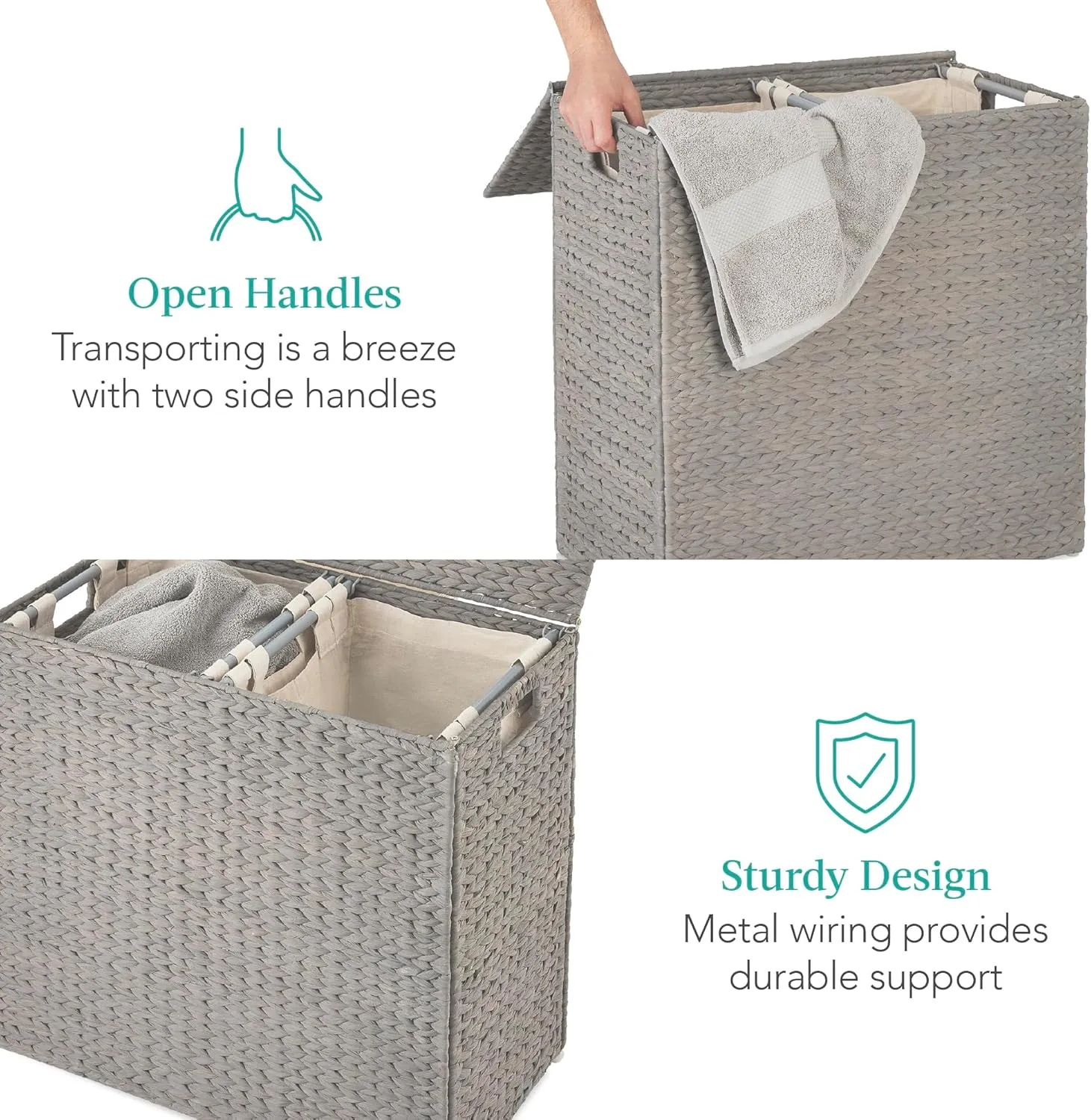 Best Choice Products Large Double Laundry Hamper with Lid, Natural Handwoven Water Hyacinth, 2 Sections w/ 2 Machine Washable Linen Liner Bags, Portable, Handles - Gray