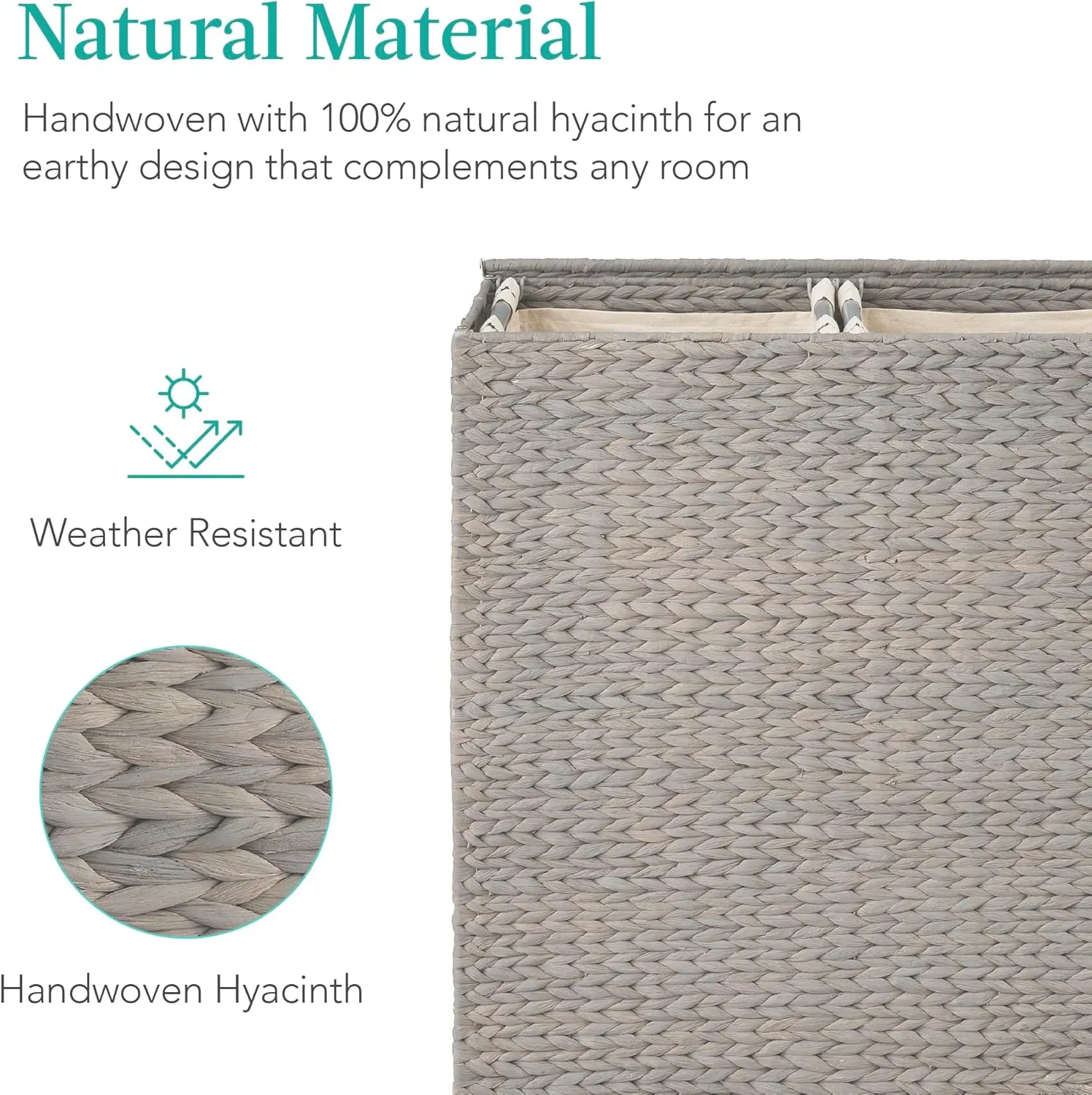 Best Choice Products Large Double Laundry Hamper with Lid, Natural Handwoven Water Hyacinth, 2 Sections w/ 2 Machine Washable Linen Liner Bags, Portable, Handles - Gray