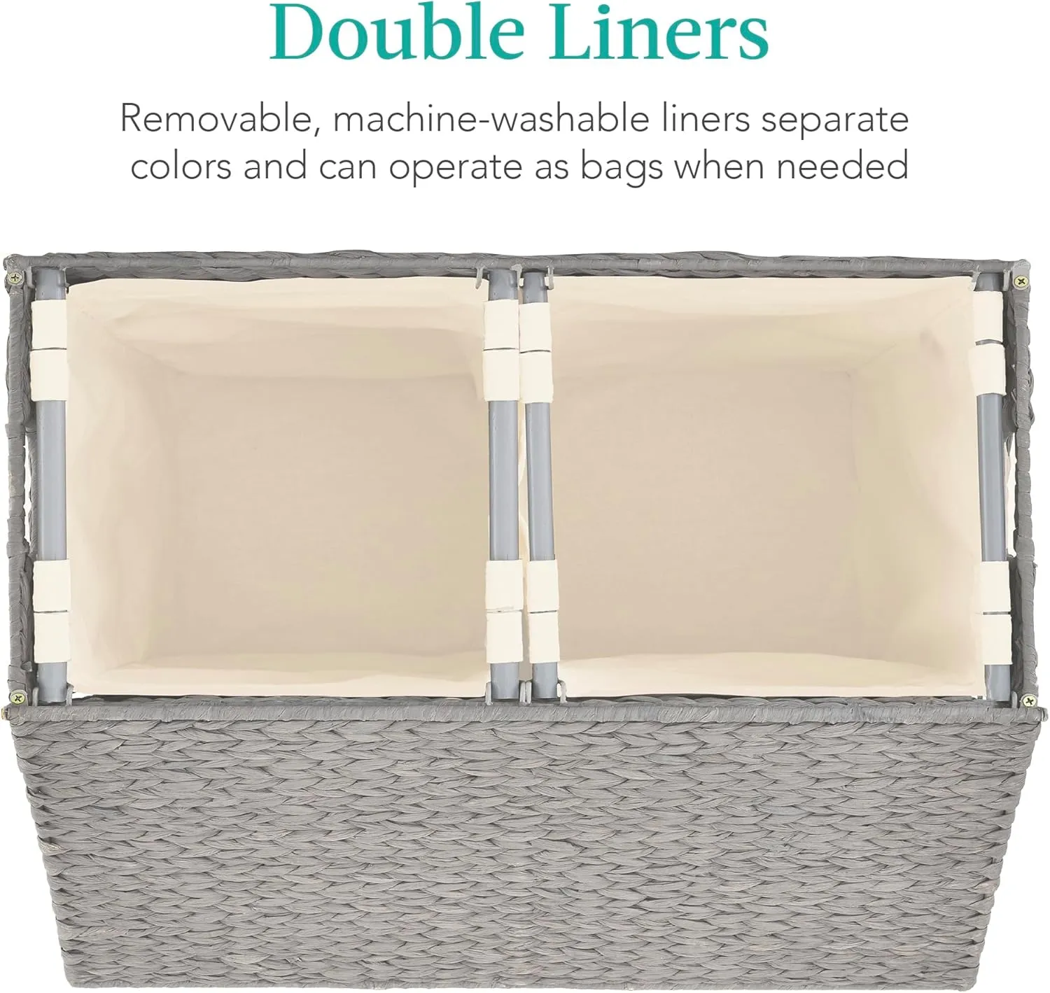 Best Choice Products Large Double Laundry Hamper with Lid, Natural Handwoven Water Hyacinth, 2 Sections w/ 2 Machine Washable Linen Liner Bags, Portable, Handles - Gray