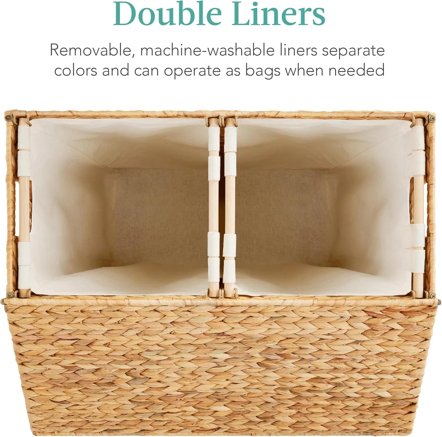 Best Choice Products Large Double Laundry Hamper with Lid, Natural Handwoven Water Hyacinth, 2 Sections w/ 2 Machine Washable Linen Liner Bags, Portable, Handles - Natural