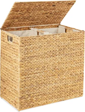 Best Choice Products Large Double Laundry Hamper with Lid, Natural Handwoven Water Hyacinth, 2 Sections w/ 2 Machine Washable Linen Liner Bags, Portable, Handles - Natural