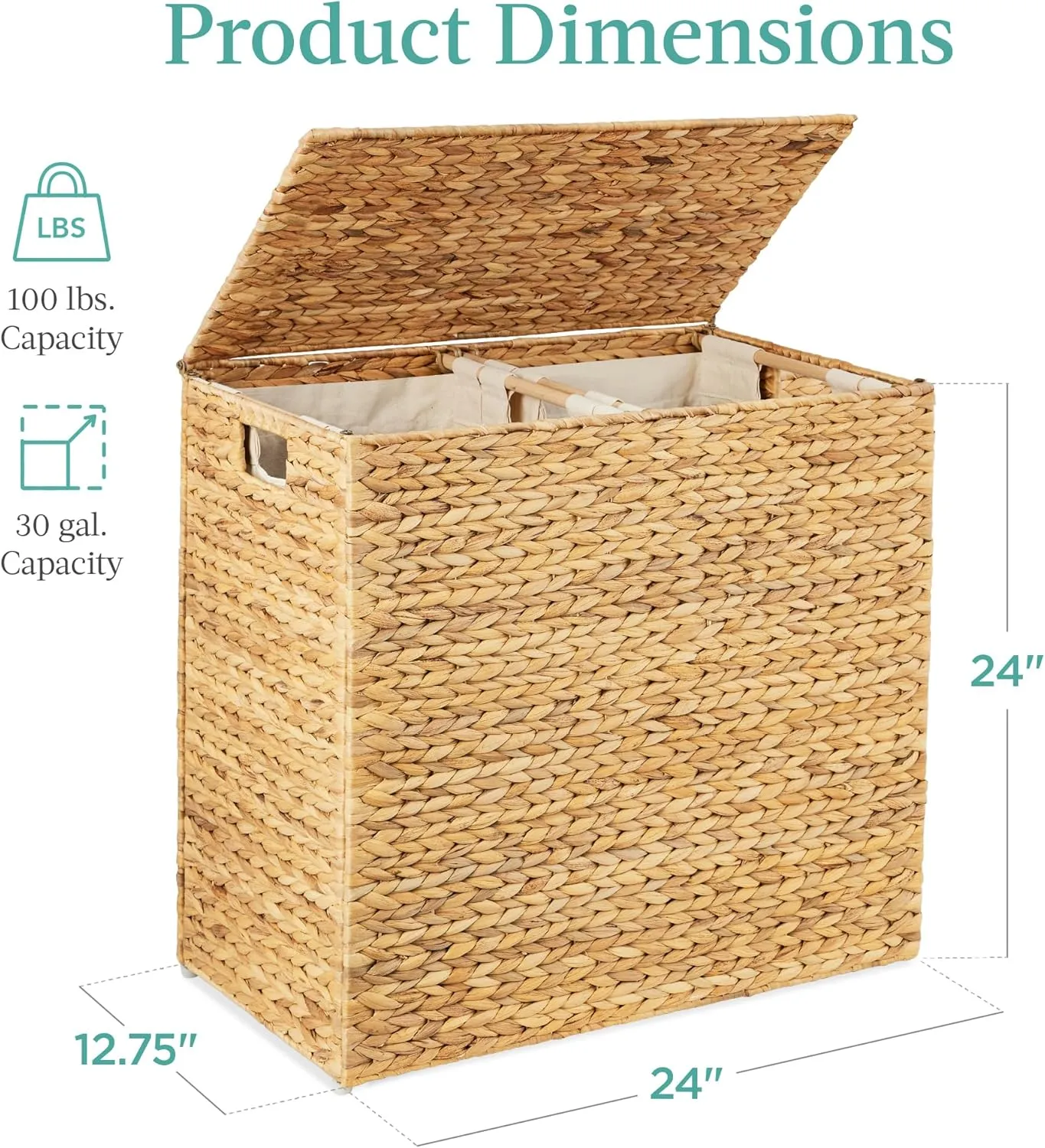 Best Choice Products Large Double Laundry Hamper with Lid, Natural Handwoven Water Hyacinth, 2 Sections w/ 2 Machine Washable Linen Liner Bags, Portable, Handles - Natural