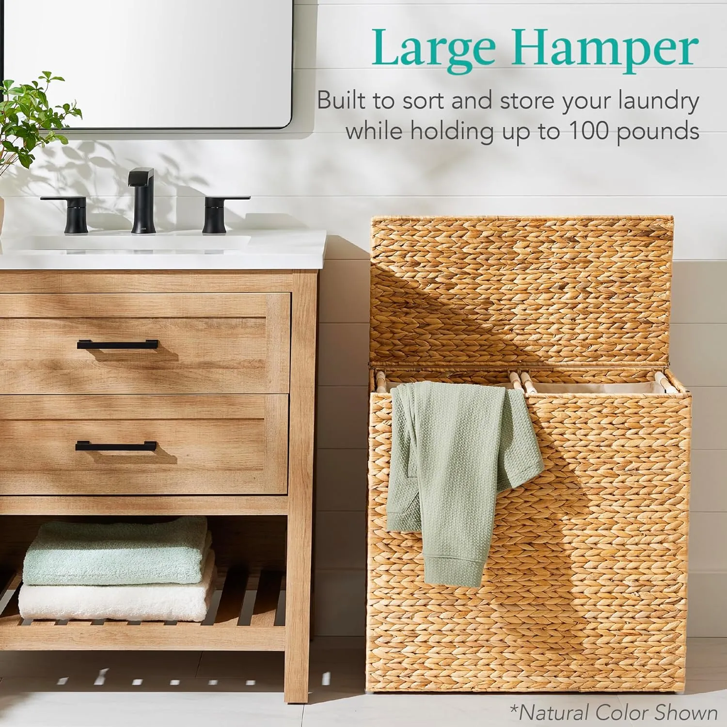 Best Choice Products Large Double Laundry Hamper with Lid, Natural Handwoven Water Hyacinth, 2 Sections w/ 2 Machine Washable Linen Liner Bags, Portable, Handles - White