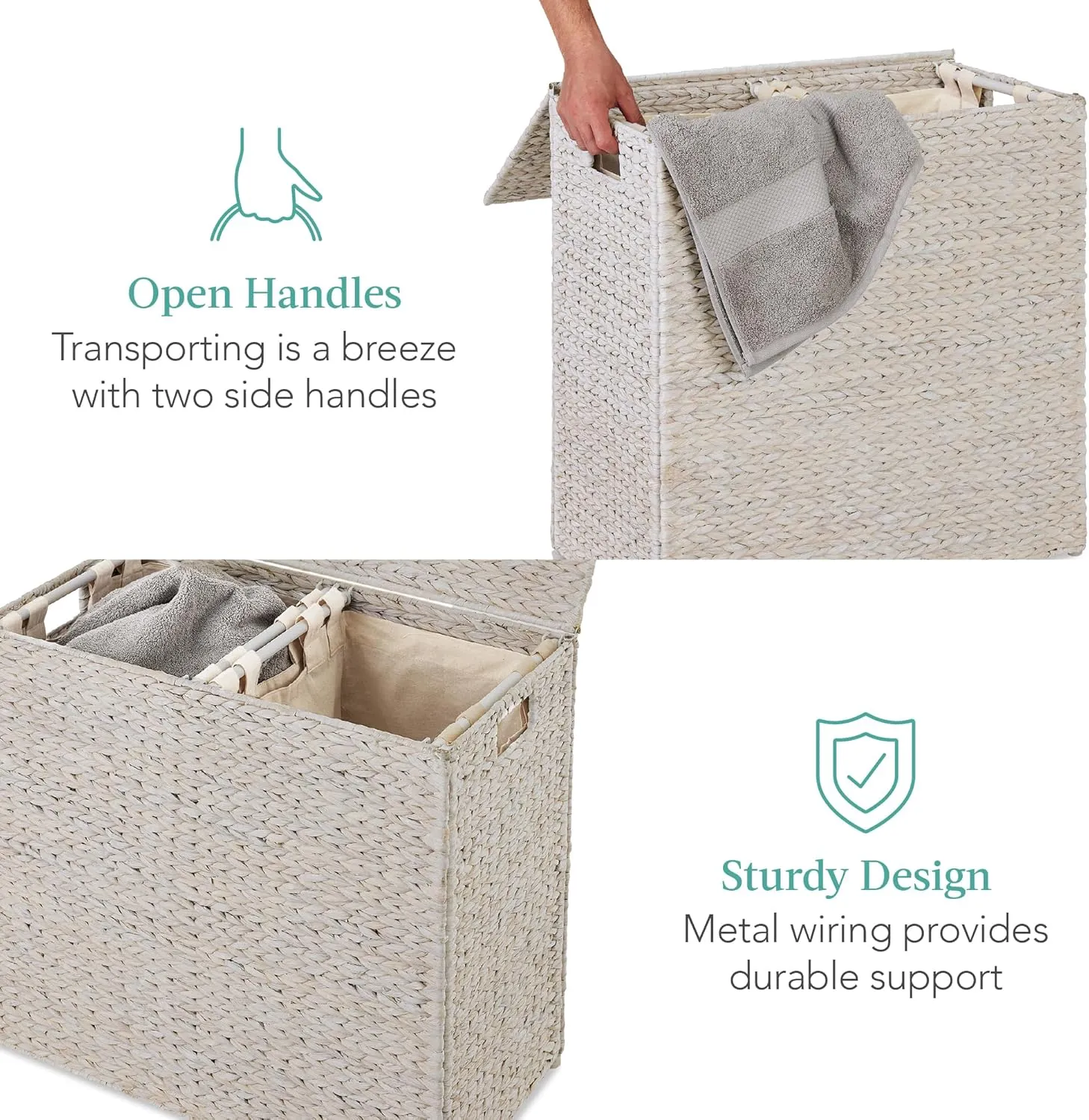 Best Choice Products Large Double Laundry Hamper with Lid, Natural Handwoven Water Hyacinth, 2 Sections w/ 2 Machine Washable Linen Liner Bags, Portable, Handles - White