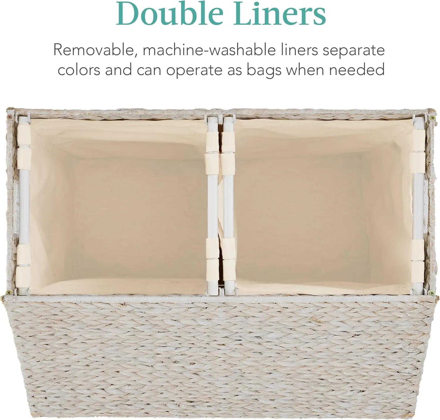 Best Choice Products Large Double Laundry Hamper with Lid, Natural Handwoven Water Hyacinth, 2 Sections w/ 2 Machine Washable Linen Liner Bags, Portable, Handles - White