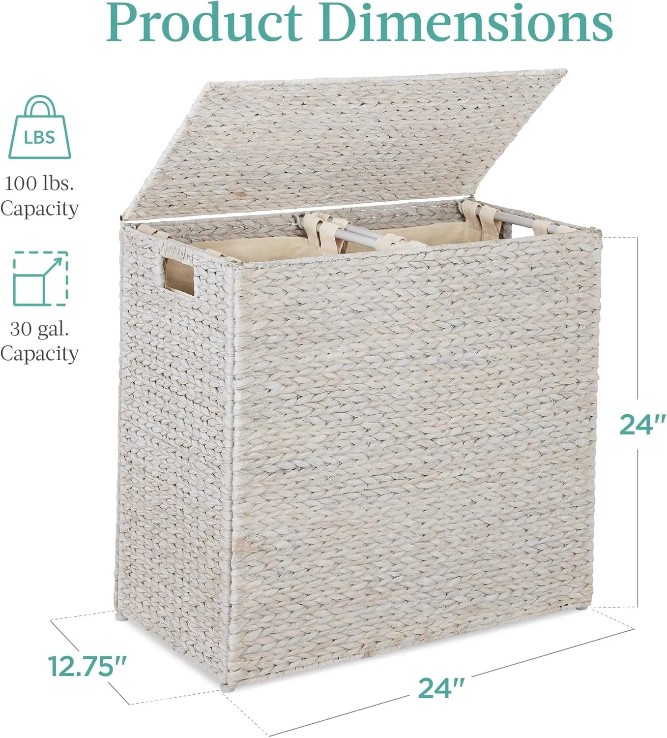 Best Choice Products Large Double Laundry Hamper with Lid, Natural Handwoven Water Hyacinth, 2 Sections w/ 2 Machine Washable Linen Liner Bags, Portable, Handles - White