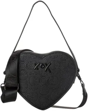 Betsey Johnson XO Heart All Over Skull Embossed Heart Shaped Black Faux Leather Top Handle Handbag Shoulder Bag Crossbody Bag With Zipper Pouch