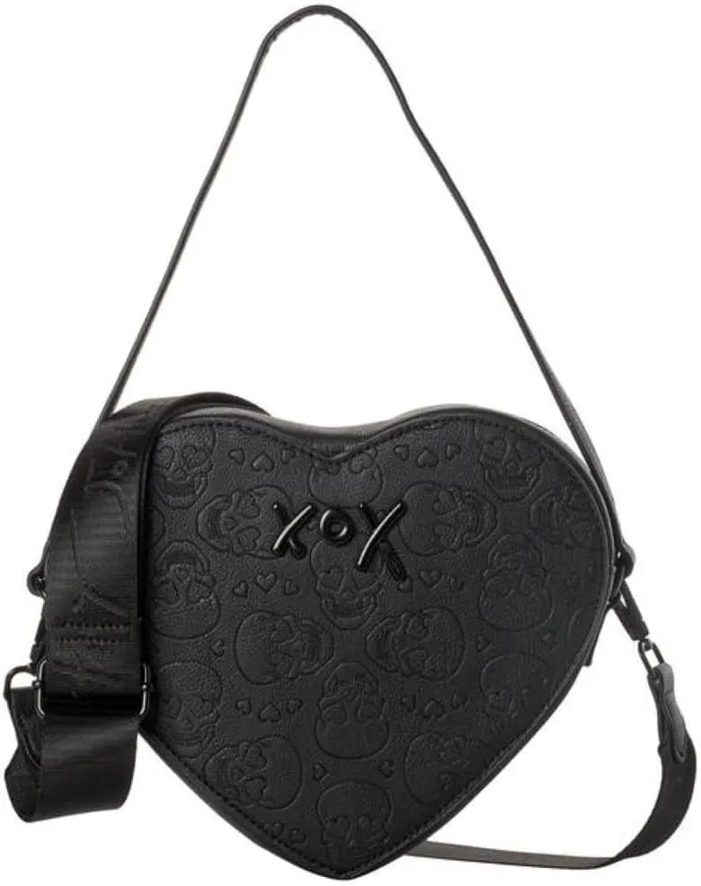 Betsey Johnson XO Heart All Over Skull Embossed Heart Shaped Black Faux Leather Top Handle Handbag Shoulder Bag Crossbody Bag With Zipper Pouch