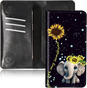 Bifold Wallet for Men Women,Dual Magnetic Clasp Closure PU Leather Long Wallet Clutch Bag with RFID Blocking Money Phone Pockets   Card Slots,Elephant Sunflower