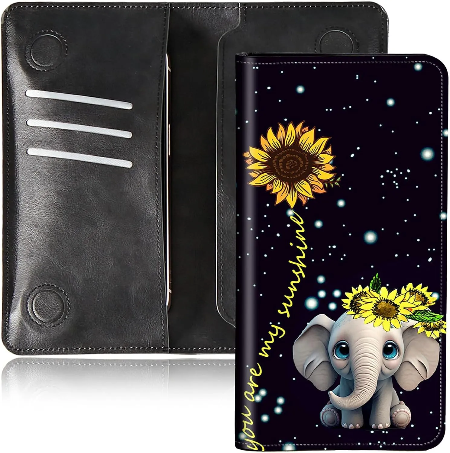 Bifold Wallet for Men Women,Dual Magnetic Clasp Closure PU Leather Long Wallet Clutch Bag with RFID Blocking Money Phone Pockets   Card Slots,Elephant Sunflower