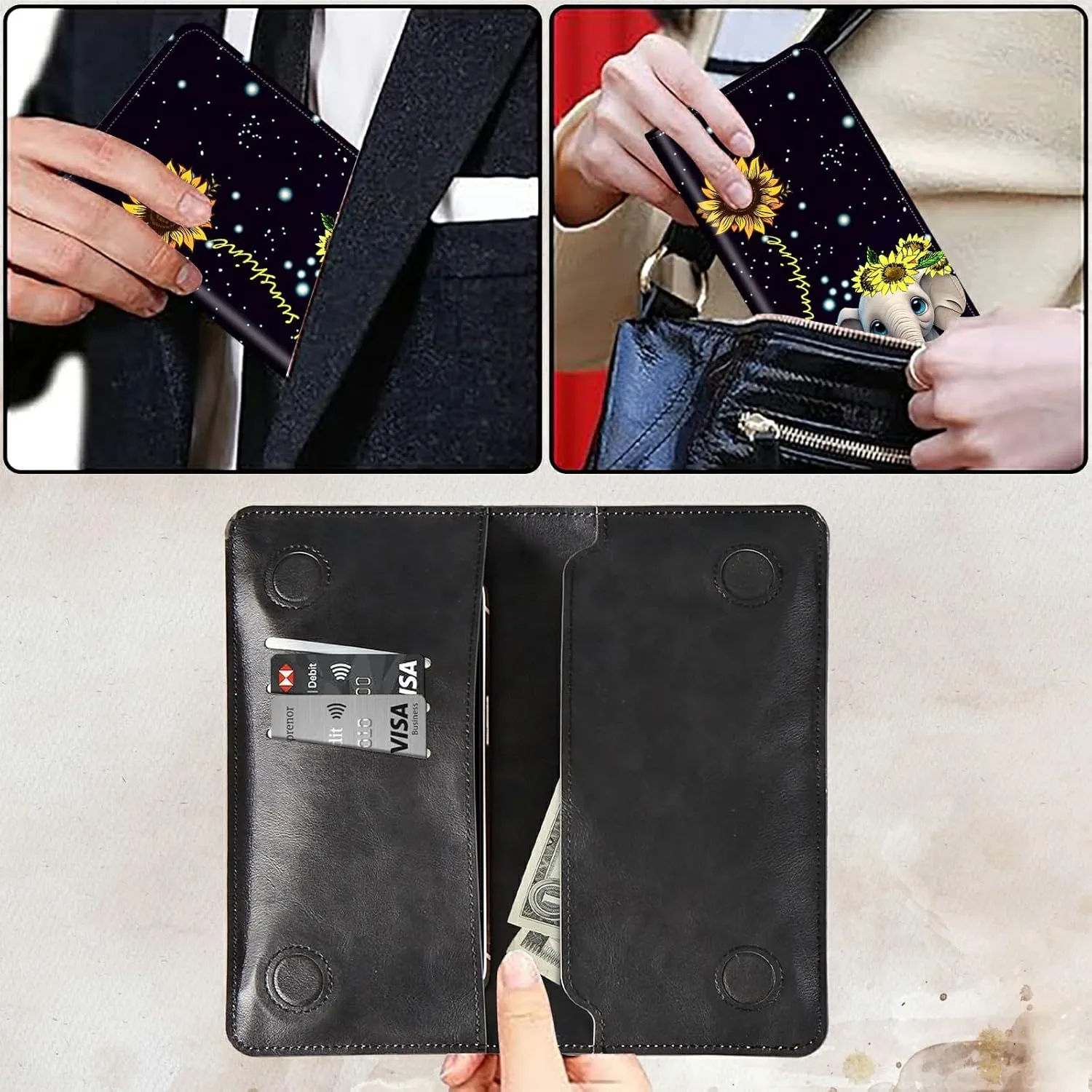 Bifold Wallet for Men Women,Dual Magnetic Clasp Closure PU Leather Long Wallet Clutch Bag with RFID Blocking Money Phone Pockets   Card Slots,Elephant Sunflower