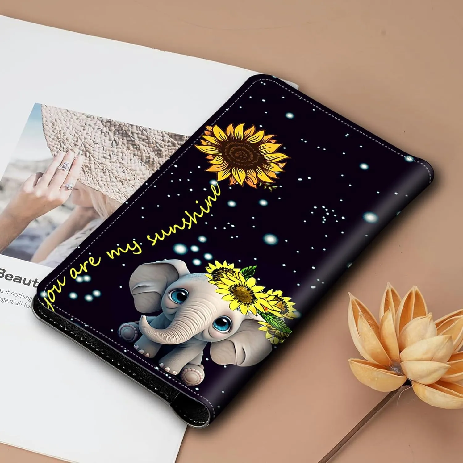 Bifold Wallet for Men Women,Dual Magnetic Clasp Closure PU Leather Long Wallet Clutch Bag with RFID Blocking Money Phone Pockets   Card Slots,Elephant Sunflower