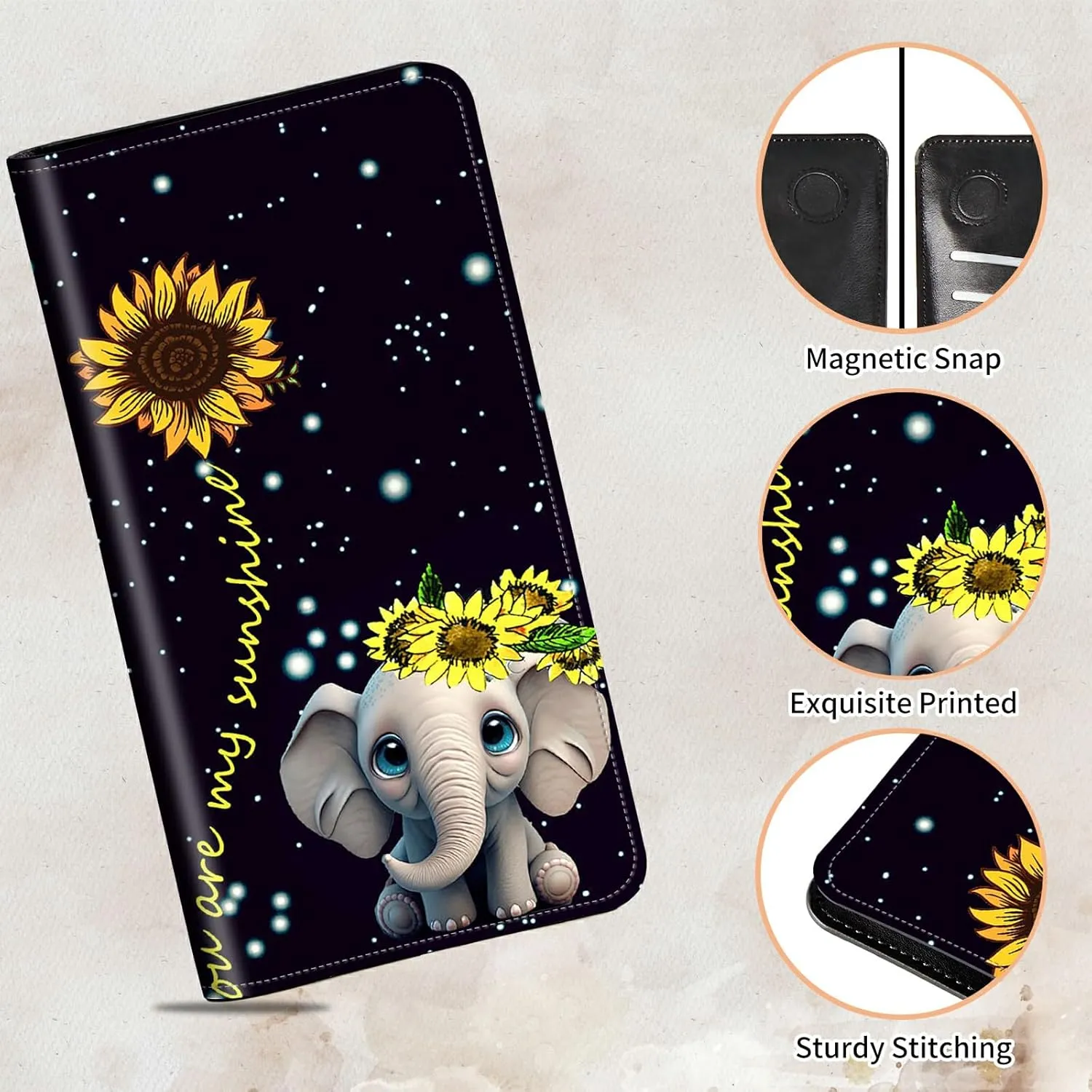 Bifold Wallet for Men Women,Dual Magnetic Clasp Closure PU Leather Long Wallet Clutch Bag with RFID Blocking Money Phone Pockets   Card Slots,Elephant Sunflower