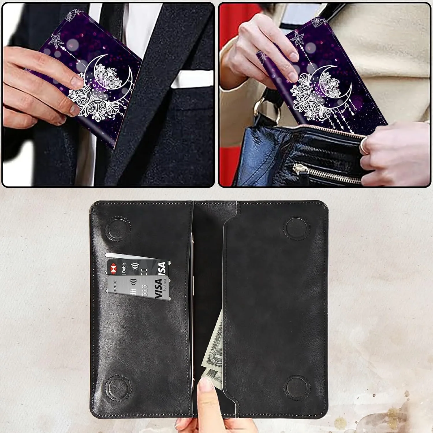 Bifold Wallet for Men Women,Dual Magnetic Clasp Closure PU Leather Long Wallet Clutch Bag with RFID Blocking Money Phone Pockets   Card Slots,Moonflower