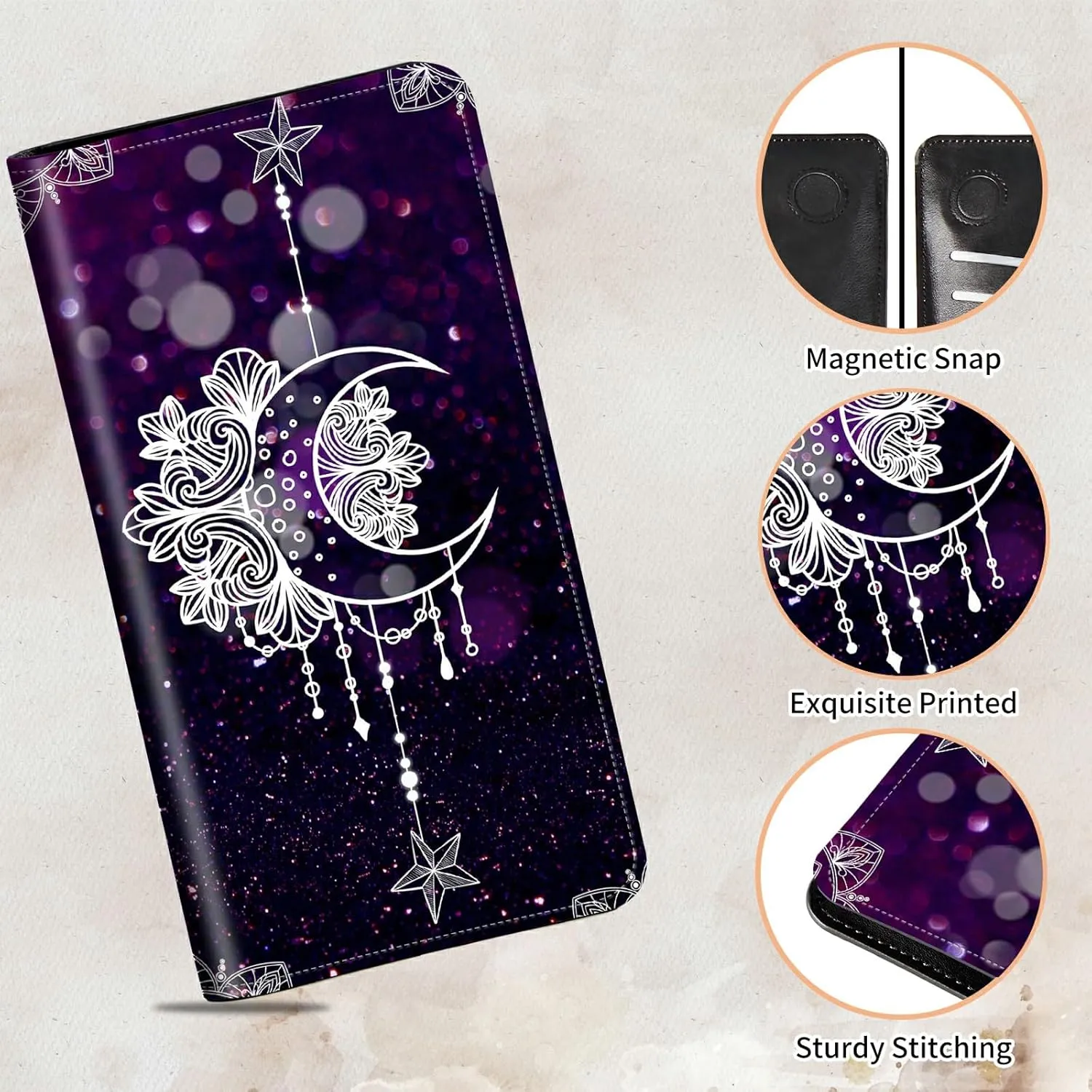 Bifold Wallet for Men Women,Dual Magnetic Clasp Closure PU Leather Long Wallet Clutch Bag with RFID Blocking Money Phone Pockets   Card Slots,Moonflower