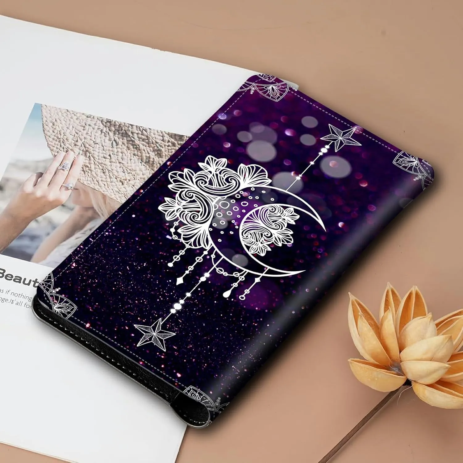 Bifold Wallet for Men Women,Dual Magnetic Clasp Closure PU Leather Long Wallet Clutch Bag with RFID Blocking Money Phone Pockets   Card Slots,Moonflower