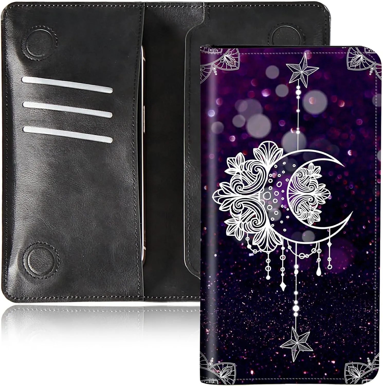 Bifold Wallet for Men Women,Dual Magnetic Clasp Closure PU Leather Long Wallet Clutch Bag with RFID Blocking Money Phone Pockets   Card Slots,Moonflower