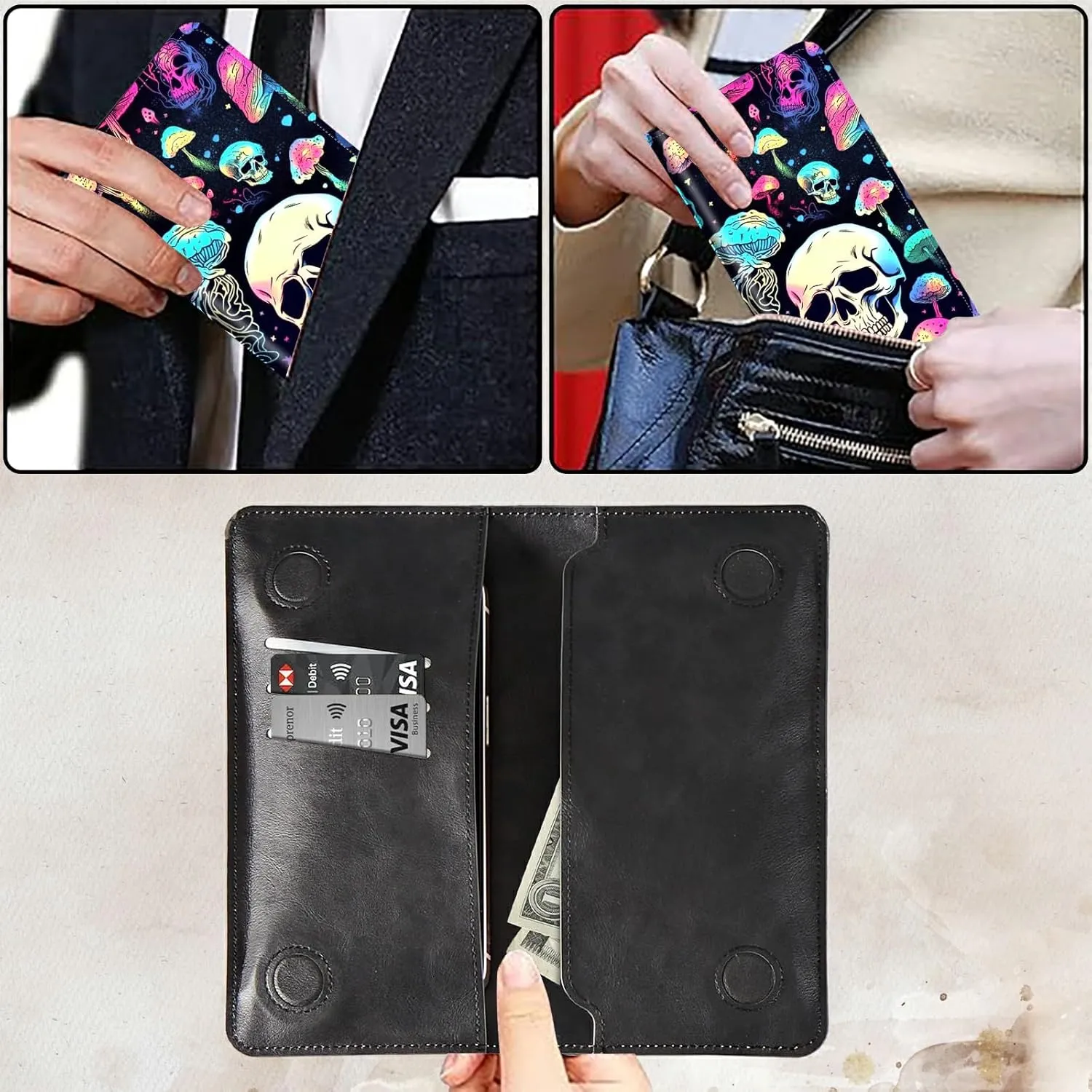 Bifold Wallet for Men Women,Dual Magnetic Clasp Closure PU Leather Long Wallet Clutch Bag with RFID Blocking Money Phone Pockets   Card Slots,Mushroom Skull