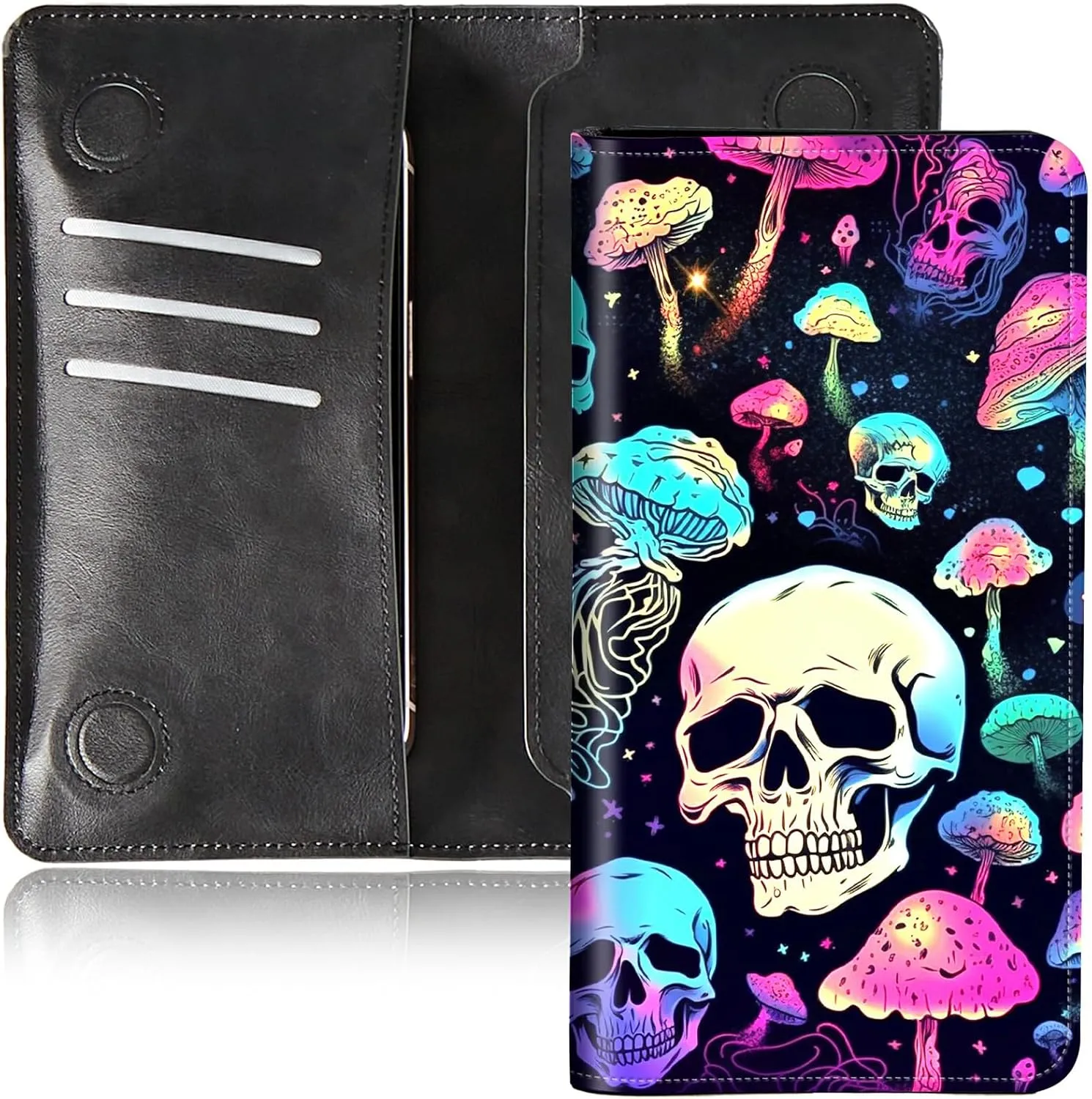 Bifold Wallet for Men Women,Dual Magnetic Clasp Closure PU Leather Long Wallet Clutch Bag with RFID Blocking Money Phone Pockets   Card Slots,Mushroom Skull
