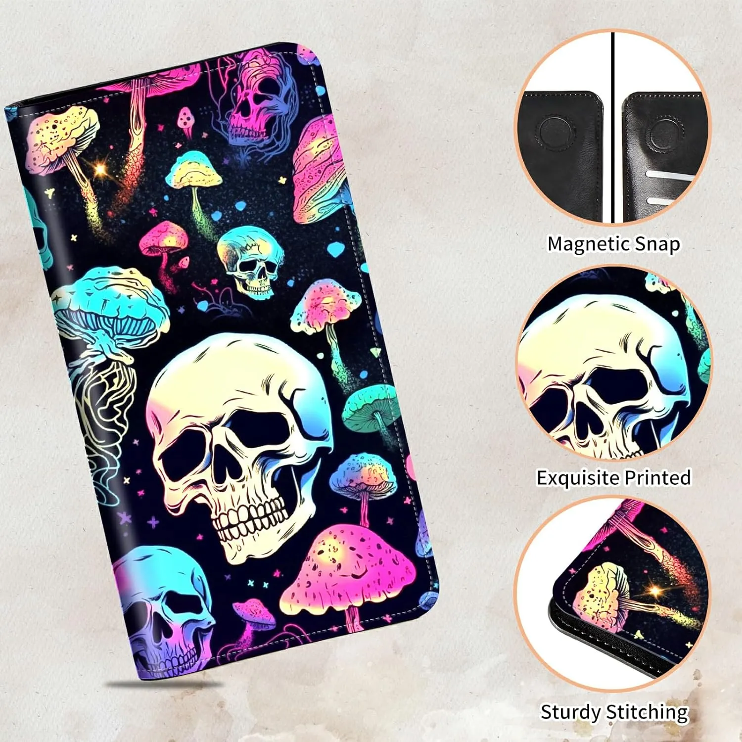 Bifold Wallet for Men Women,Dual Magnetic Clasp Closure PU Leather Long Wallet Clutch Bag with RFID Blocking Money Phone Pockets   Card Slots,Mushroom Skull