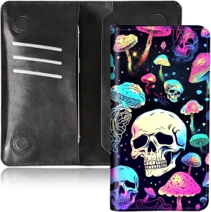Bifold Wallet for Men Women,Dual Magnetic Clasp Closure PU Leather Long Wallet Clutch Bag with RFID Blocking Money Phone Pockets   Card Slots,Mushroom Skull