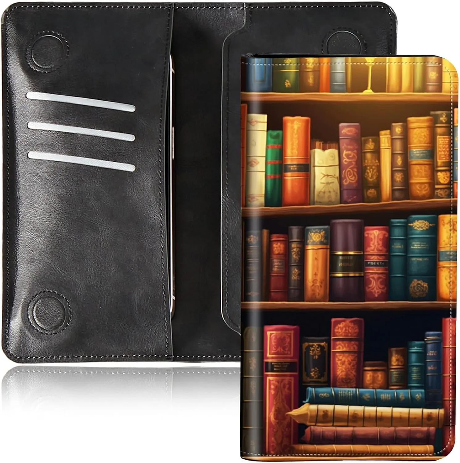 Bifold Wallet for Men Women,Dual Magnetic Clasp Closure PU Leather Long Wallet Clutch Bag with RFID Blocking Money Phone Pockets   Card Slots,Vintage Bookshelf