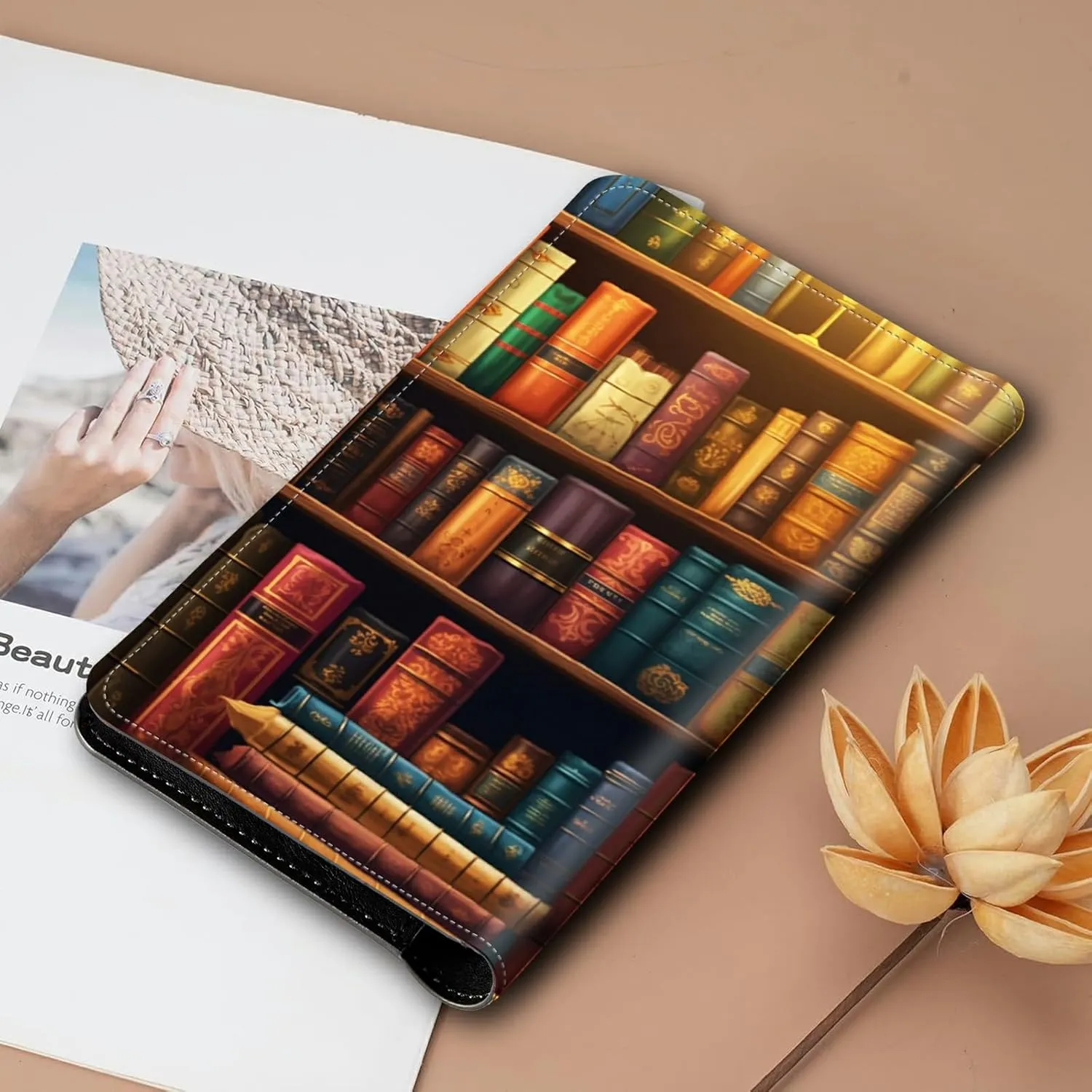 Bifold Wallet for Men Women,Dual Magnetic Clasp Closure PU Leather Long Wallet Clutch Bag with RFID Blocking Money Phone Pockets   Card Slots,Vintage Bookshelf