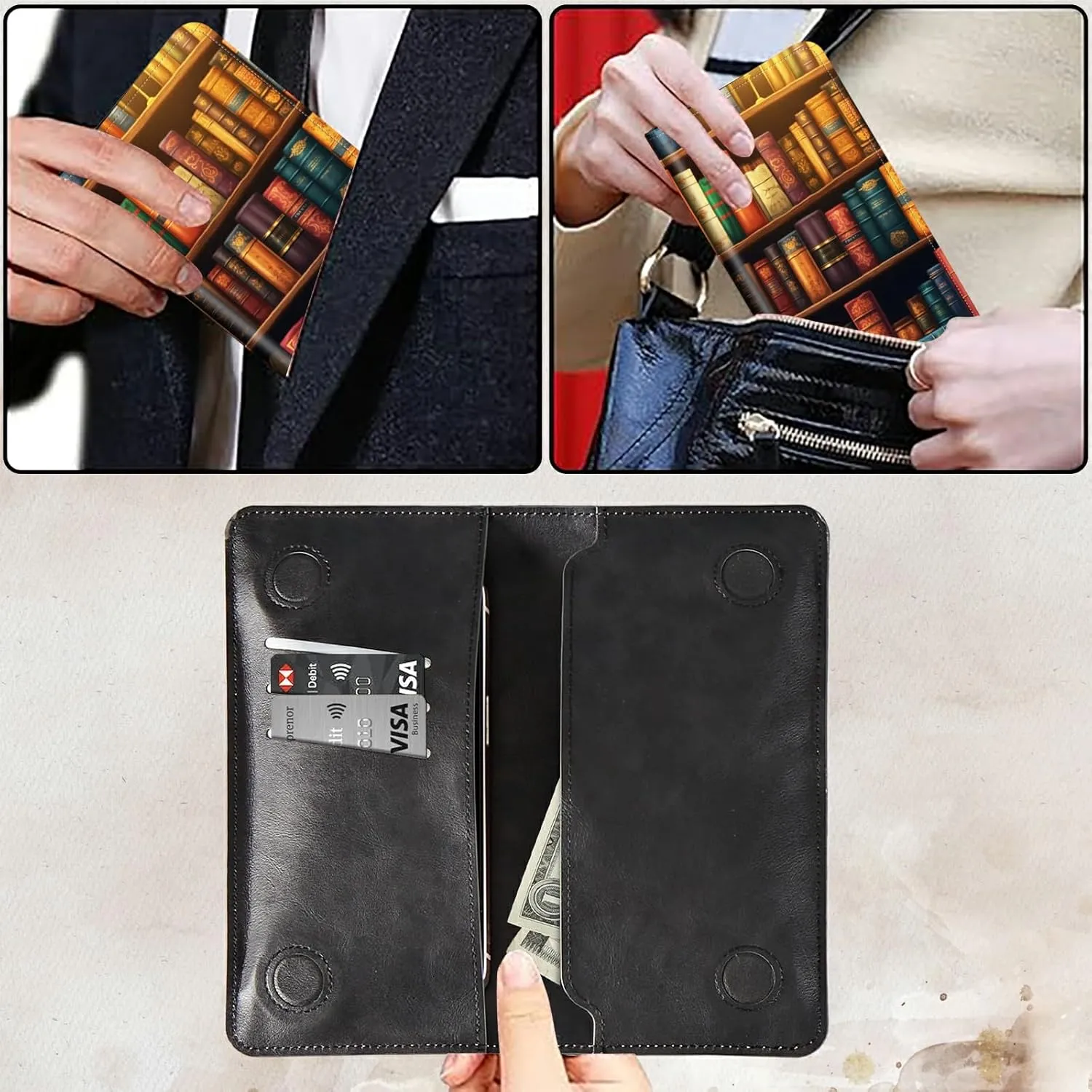 Bifold Wallet for Men Women,Dual Magnetic Clasp Closure PU Leather Long Wallet Clutch Bag with RFID Blocking Money Phone Pockets   Card Slots,Vintage Bookshelf