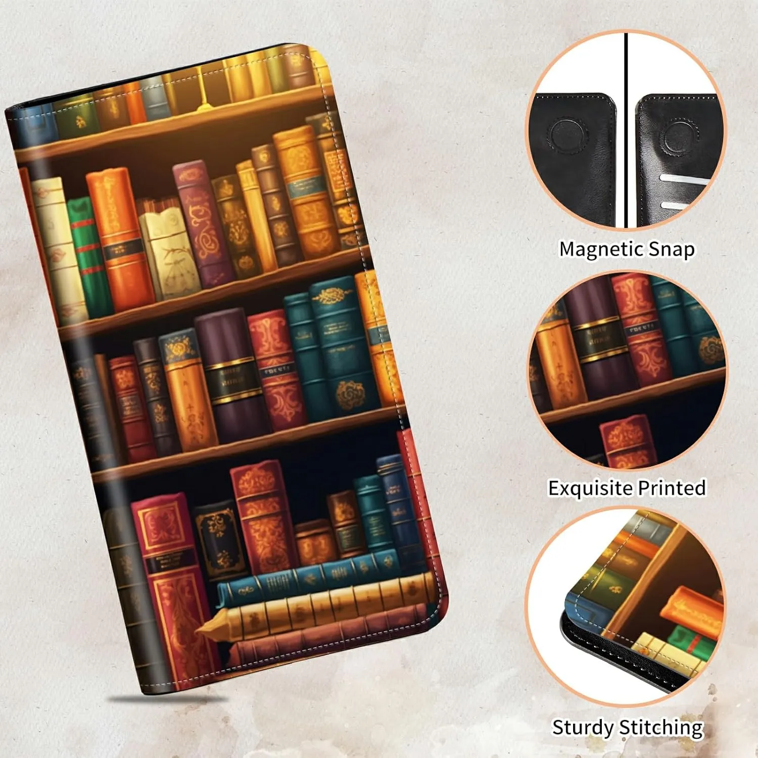 Bifold Wallet for Men Women,Dual Magnetic Clasp Closure PU Leather Long Wallet Clutch Bag with RFID Blocking Money Phone Pockets   Card Slots,Vintage Bookshelf