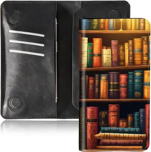Bifold Wallet for Men Women,Dual Magnetic Clasp Closure PU Leather Long Wallet Clutch Bag with RFID Blocking Money Phone Pockets   Card Slots,Vintage Bookshelf