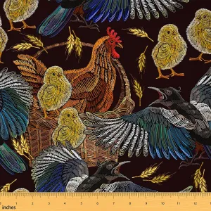 Bird Upholstery Fabric, Chicken Chick Fabric by The Yard, Retro Farmhouse Decor Fabric, Wheat Animal Poultry Indoor Outdoor Fabric, Vintage Wildlife DIY Art Waterproof Fabric, Yellow Blue, 5 Yards