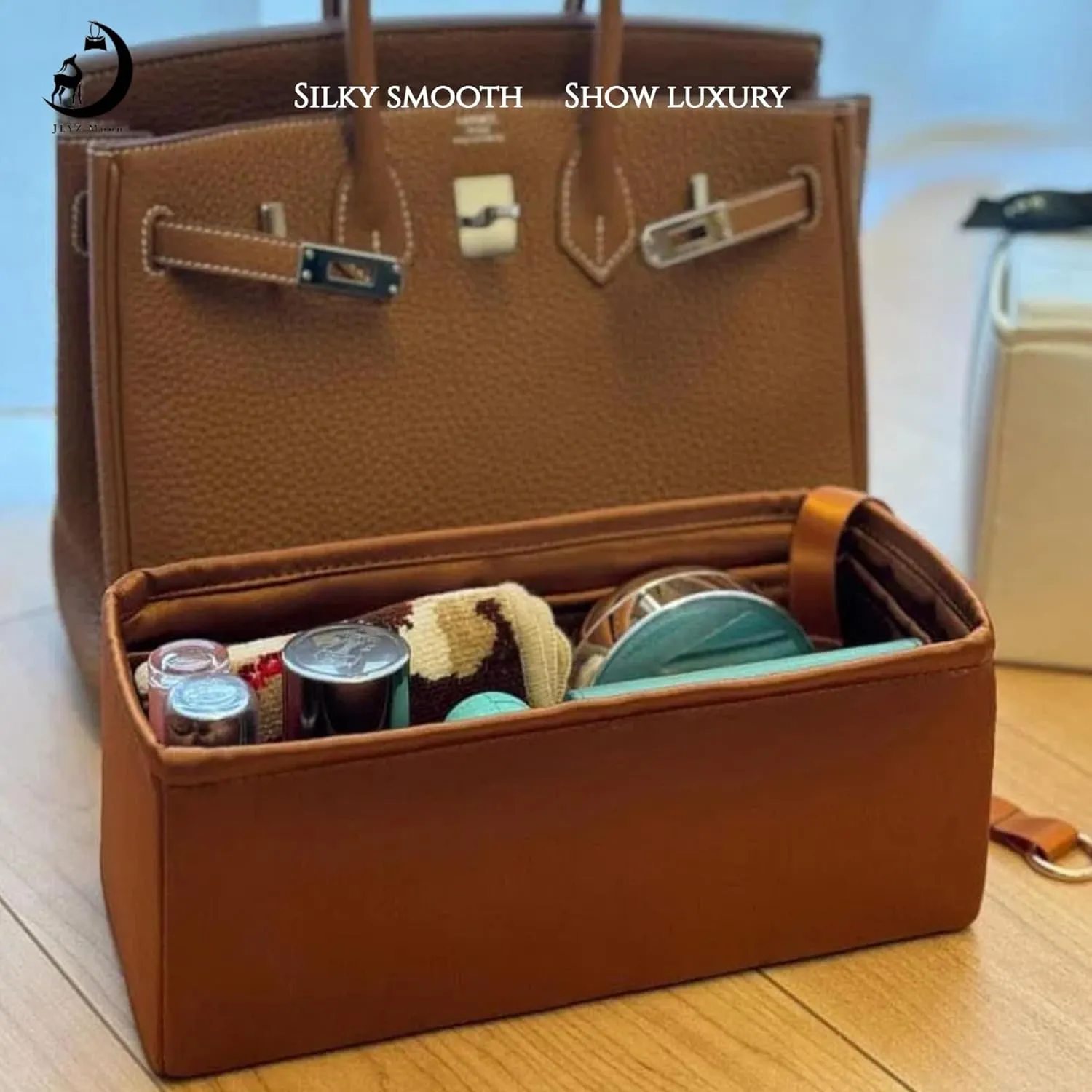 Birkin 25 Insert with Zipper, Purse Organizer Insert Compatible with Hermes Birkin Bag, Silk Bag Organizer for Birkin 25, Lightweight and Soft Touch (BK25 with Zipper, Gold)