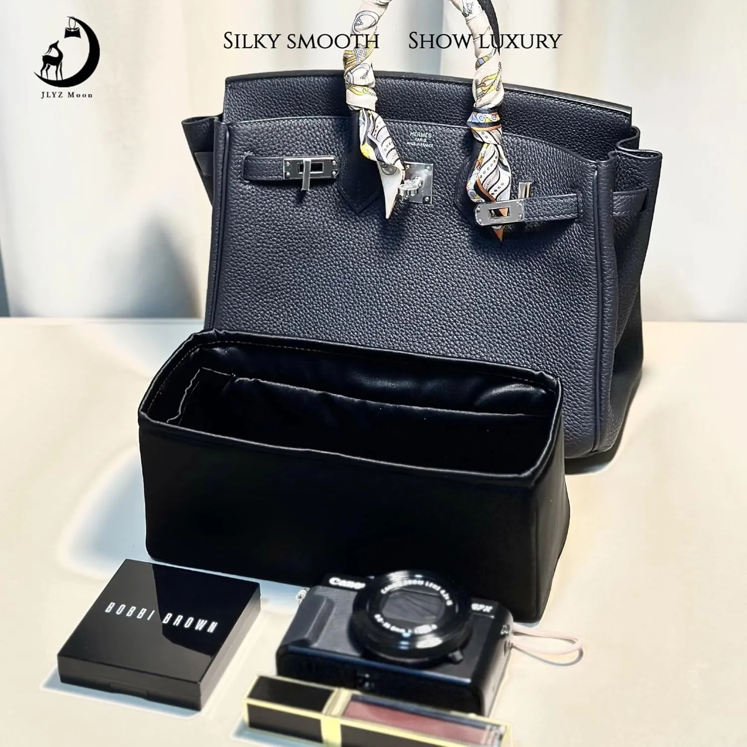Birkin 30 Bag Insert with Zipper, Purse Organizer Insert Compatible with Hermes Birkin Bag, Silk Bag Organizer for Birkin 30, Lightweight and Soft Touch (BK30 with Zipper, Black)