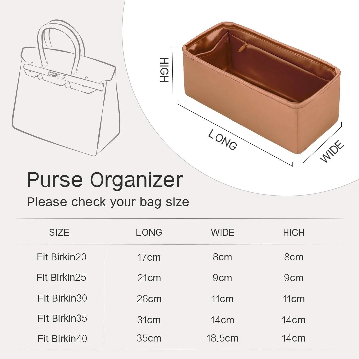 Birkin 30 Bag Insert with Zipper, Purse Organizer Insert Compatible with Hermes Birkin Bag, Silk Bag Organizer for Birkin 30, Lightweight and Soft Touch (BK30 with Zipper,Gold)