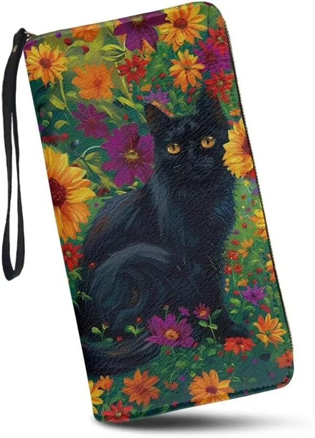 Black Cat Floral Wallets for Women Travel Clutch Organizer Leather Zipper Card Holder Purse with Wristlet Strap