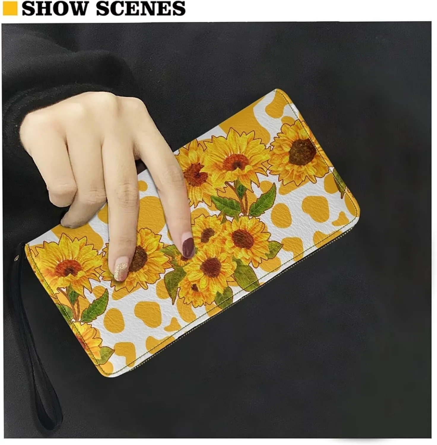 Black Cat Floral Wallets for Women Travel Clutch Organizer Leather Zipper Card Holder Purse with Wristlet Strap