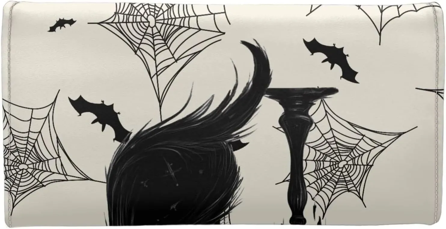 Black Cat Print Long Wallets Womens Trifold Credit Card Wallet Clutch, Gothic Bat Spider Web Printed Leather Organizer Checkbook Wallets, Beige
