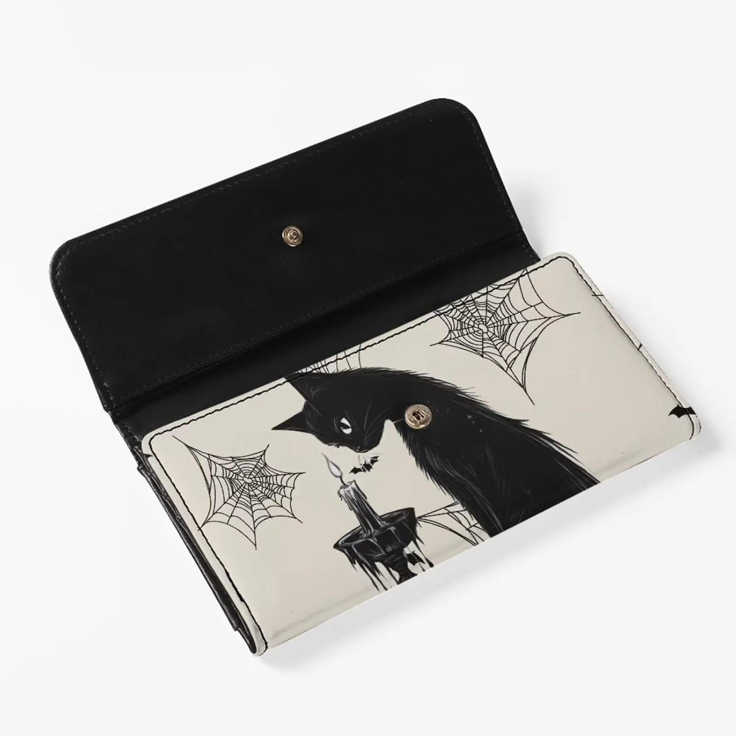 Black Cat Print Long Wallets Womens Trifold Credit Card Wallet Clutch, Gothic Bat Spider Web Printed Leather Organizer Checkbook Wallets, Beige