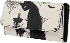 Black Cat Print Long Wallets Womens Trifold Credit Card Wallet Clutch, Gothic Bat Spider Web Printed Leather Organizer Checkbook Wallets, Beige
