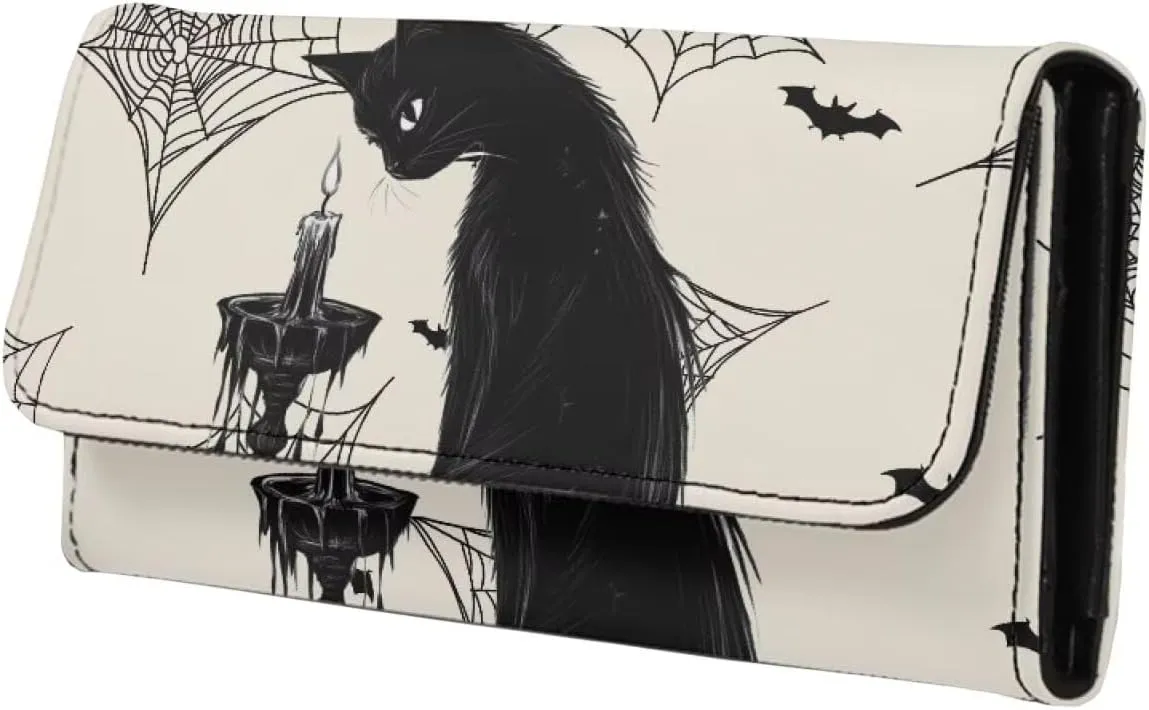 Black Cat Print Long Wallets Womens Trifold Credit Card Wallet Clutch, Gothic Bat Spider Web Printed Leather Organizer Checkbook Wallets, Beige