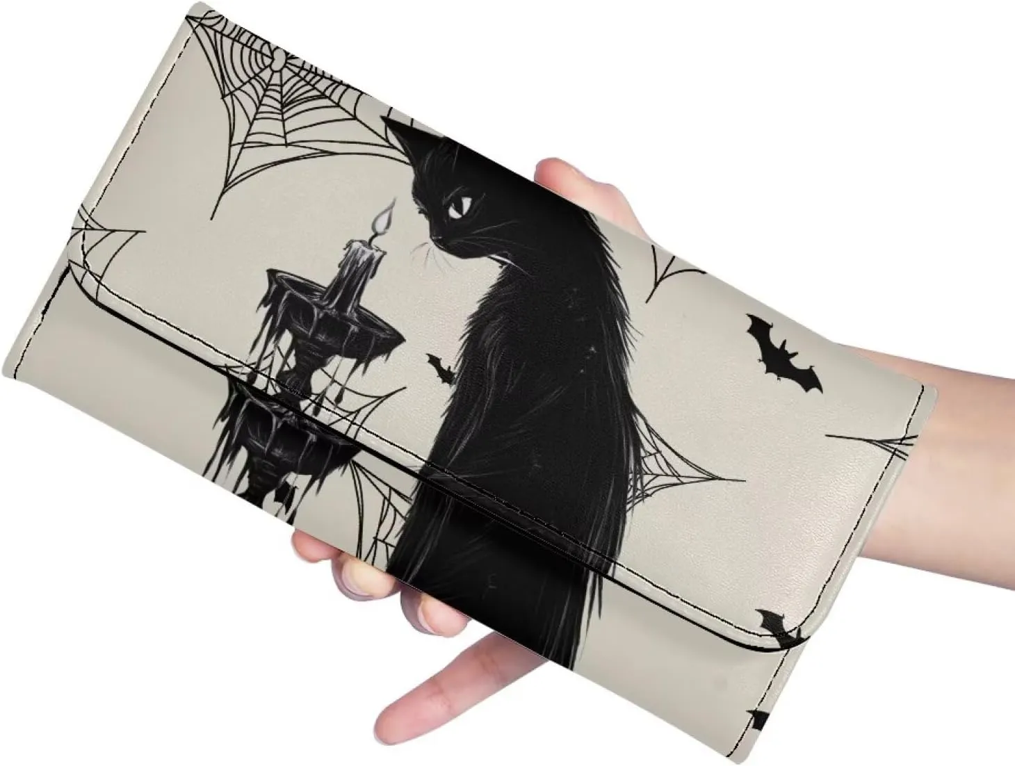 Black Cat Print Long Wallets Womens Trifold Credit Card Wallet Clutch, Gothic Bat Spider Web Printed Leather Organizer Checkbook Wallets, Beige