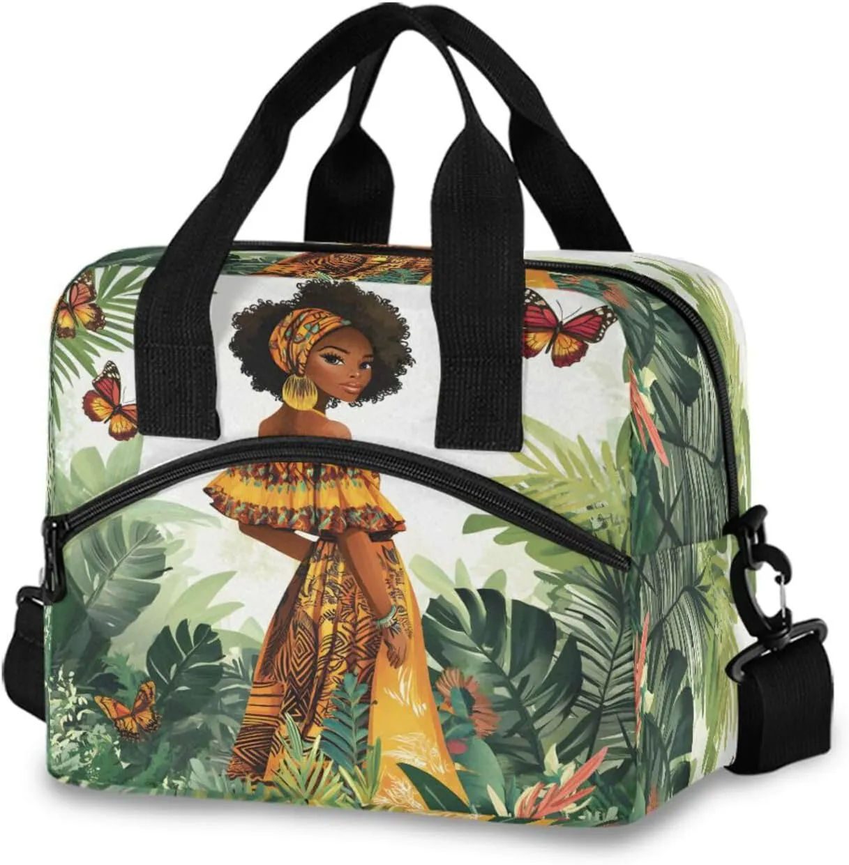 Black Girl in Yellow Skirt Butterfly Leaves Lunch Box for Men Women Adults Insulated Lunch Bag Cooler Bag with Adjustable Shoulder Strap for Work Picnic Travel